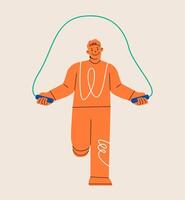 Young man jump with skipping rope. Fitness exercise with jumping rope. Colorful illustration vector