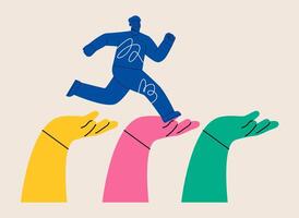 Man runs through the hands of support. Movement to success. Colorful illustration vector