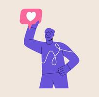 Man with heart notification. Social media success addiction. Colorful illustration vector