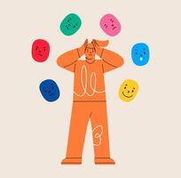 Many personality. Mask with different emotion woman. Colorful illustration vector