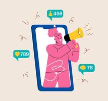 Smartphone with woman shouting in loud speaker, social media or network promotion. Colorful illustration vector
