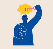 Man inserting key to keyhole of thought bubble. Unlock idea and explore potential, development of thinking. Colorful illustration vector