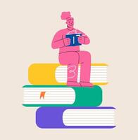 Woman reading book while sitting on stack of books. Colorful illustration vector