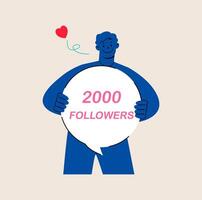 Smiling man celebrate large number of followers on social media. successful strategies. Colorful illustration vector