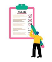 Business people study lists of rules, guidelines for reading, make checklists. Flat illustration isolated on white background vector