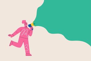 Woman standing and shouting in loudspeaker. Advertising and promotion concept. Colorful illustration vector