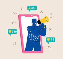 Smartphone with man shouting in loud speaker, social media or network promotion. Colorful illustration vector