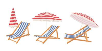 Set with folding beach chair with umbrella. Hand drawn beach and garden furniture. vector