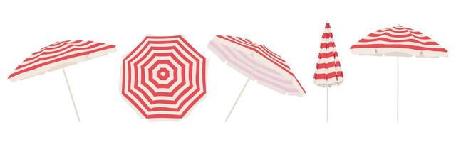 Open beach umbrella with red and white stripes. Set with beach umbrella in different positions. vector