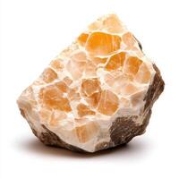single piece of orange calcite with rough texture on white background photo
