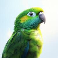 vibrant green parakeet with detailed feathers perched against soft sky photo