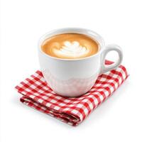 classic diner style coffee cup with latte art sits on red checkered napkin photo