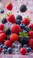 Fresh mix berries, berry, blueberry, some open and falling with ice water splash. Blurred pastel background, bright center lighting. Animated style, wide view with empty space in the middle. photo