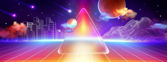 Retro futuristic . glassmorphism. Triangular frosted blurry glass on background of laser space cyberspace Abstract city arena with planets,stars and comets. Glassmorphism. vector
