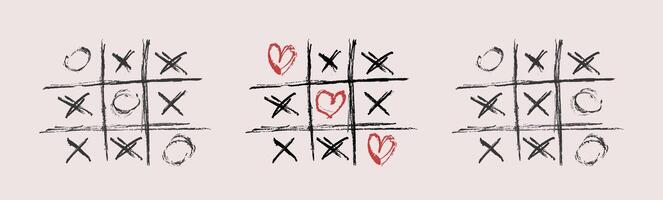 Doodle.Collection of drawn grids with crosses and noughts. Tic-tac-toe with hearts vector
