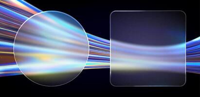 Glass morphism geometric screens on the modern tech bright black abstract background. Transparent matt glass plates on the blue holographic texture. vector