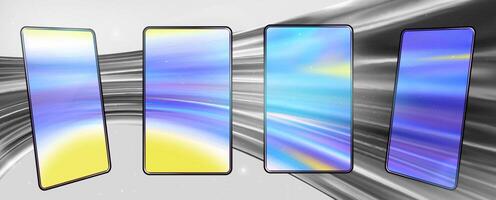 Glassmorphism screen smartphone. Transparent matt glass plates on the holographic blue texture. Smartphones on the modern tech gray abstract background vector