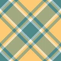 Day check textile, summertime texture background seamless. Scratch plaid pattern tartan fabric in amber and cyan colors. vector
