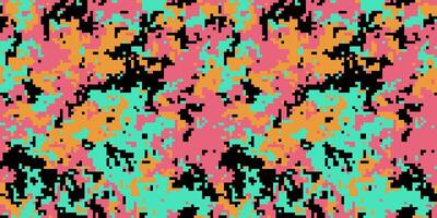 Vibrant pixelated camouflage pattern in pink, teal, orange, and black. Ideal for fashion, textiles, digital art, and website backgrounds. vector