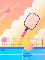 Pickleball game with a paddle and perforated balls in mid-air over a blue court, set against a warm, pastel-colored sky with clouds, symbolizing energy, fun, and outdoor activity vector