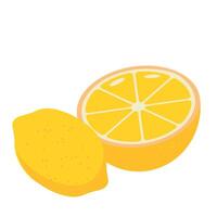 Cartoon lemon whole and sliced half in flat style isolated on white background with bright yellow color vector