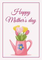 Mother day greeting card with bouquet of tulips in Pink watering can on a pink background. vector