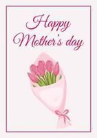 Mother day greeting card with bouquet of tulips in pink wrapping paper and bow on a pink background. vector