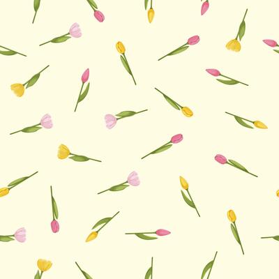 Tulip seamless pattern on the yellow background. Floral pattern for textile, wallpaper or packaging.