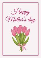 Mother day greeting card with bouquet of pink tulips tied with a ribbon and a bow on a pink background. vector