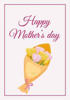 Mother day greeting card with bouquet of yellow and rose tulips in yellow wrapping paper and bow on a pink background. vector
