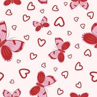 Summer cute seamless pattern with red butterflies and red hearts. Butterfly on a pink background. vector