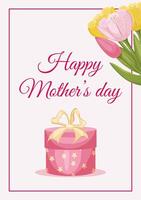 Mother day greeting card with bouquet of tulips and a gift box with a bow on a pink background. vector