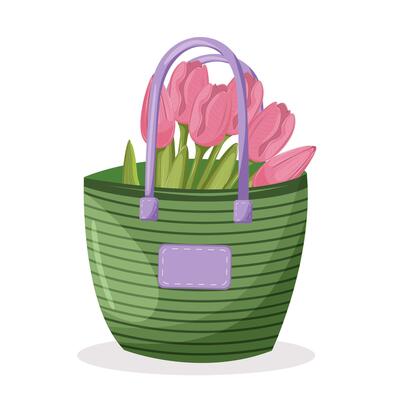 Bouquet of spring flowers pink tulips in green lady's bag. Isolated illustration on white background.