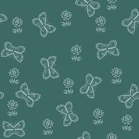 Cute summer floral seamless pattern with insect butterfly. Butterflies and flowers on the green background. Illustration for textiles and prints. vector