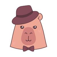 Cute capybara character in hat and bow tie. Capybara face cartoon icon vector