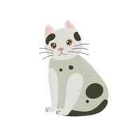Cute white cat with black spots and soft fur sits calmly with alert whiskers and bright eyes in this charming illustrated pet character vector