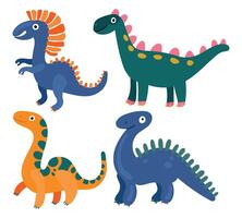Set of friendly cartoon dinosaurs with bright colors, smiling faces, and playful postures ideal for kids prehistoric themes and fun illustrations vector