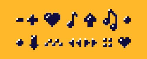 8 bit pixel art icons. Plus, minus, square, heart tiny elements on bright yellow background. vector