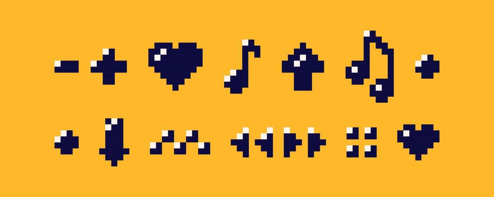 8 bit pixel art icons. Plus, minus, square, heart tiny elements on bright yellow background.