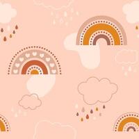Kid kawaii seamless pattern with cute rainbows, simple forms with line clouds and water drops. vector