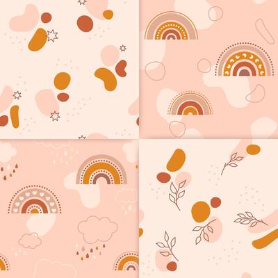A set of four cute seamless patterns. The repeated images contains colored spots, rainbows, twigs, cute clouds with colored raindrops. Also stars, dots and lines of different shapes.