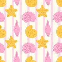 Hand drawn sea shells seamless pattern with stripes vector