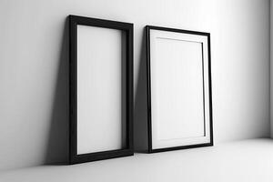 two empty frames hanging on a wall adjacent to a window photo