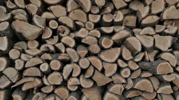 The chopped and sawn trunks of trees is stacked in a large log woodpile. Stacks of firewood. Pile of firewood prepared for fireplace. Firewood background. 2 video