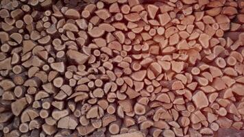 The chopped and sawn trunks of trees is stacked in a large log woodpile. Stacks of firewood. Pile of firewood prepared for fireplace. Firewood background. video