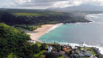 Aerial view of Waimea Bay beach in Hawaii, Scenic drone view of Waimea Bay on Oahu s North Shore, with turquoise water, sandy beach, tropical greenery, and coastal homes video