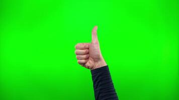 Close up of hand showing class with thumbs up on green screen background. Human gestures. Concept of winner or success and approval or praise. Chroma key video