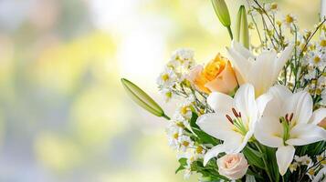 White lilies in a soft floral arrangement with gentle lighting photo
