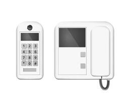 Modern white intercom system with keypad, screen and handset showing communication technology vector