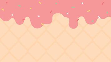 Cute Ice Cream Background with Strawberry Sauce, Colorful Sprinkles Seamless Upper Border on Waffle Cone Background. Flat Design Illustration. vector
